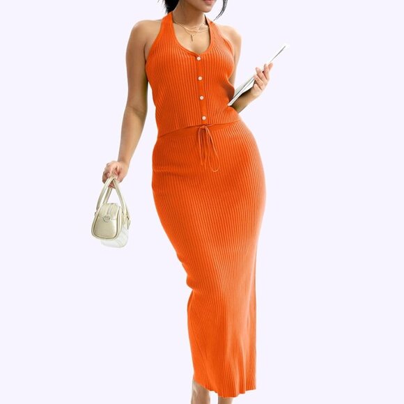 Womens 2 Piece Outfit Rayon Blend Summer Skirt Set Halter Top Midi Dress - Picture 4 of 6